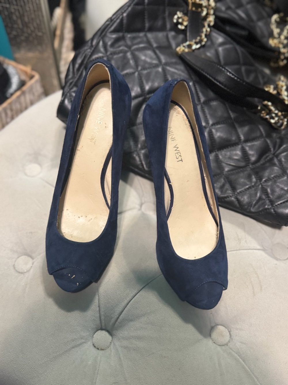 Nine West Navy Suede Peep-Toe Heels